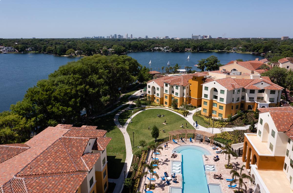 An aerial view of Lakeside Neighborhood at Rollins College and Lake Virginia.