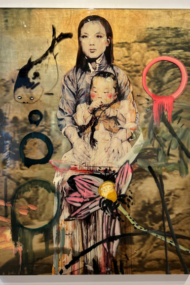 Resin and mixed media portrait of an Asian mother and child