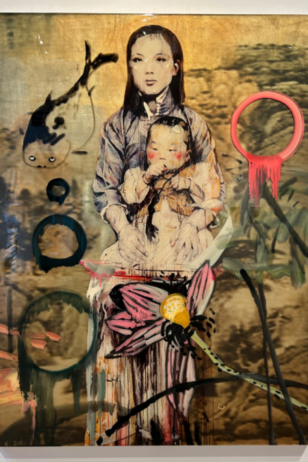 Resin and mixed media portrait of an Asian mother and child