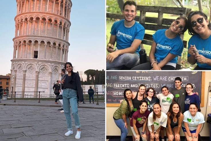 A photo grid of student photos from a study abroad experience in Italy and community engagement projects.