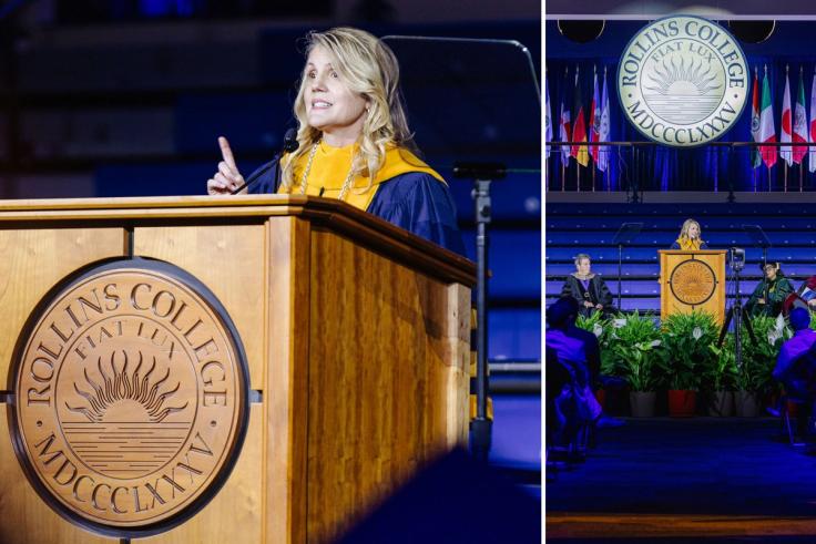 President Brooke Barnett speaking at the podium during her inaugural address