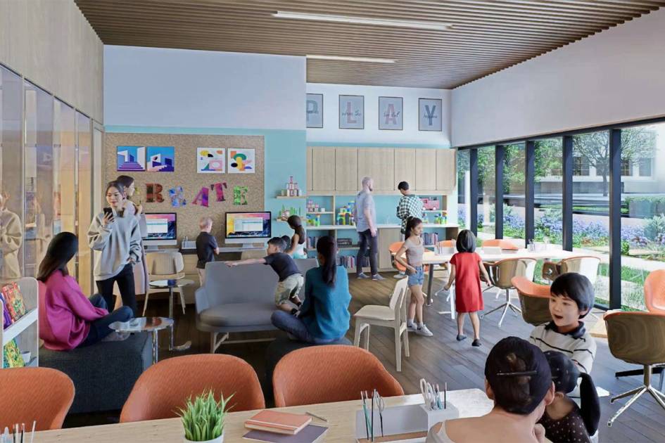 Rendering of creative interactive space with adults and children interacting