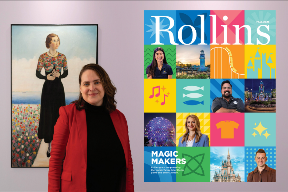 Leslie Anderson stands in front of a painting of a woman in a field of flowers. Rollins Magazine cover has colorful squares