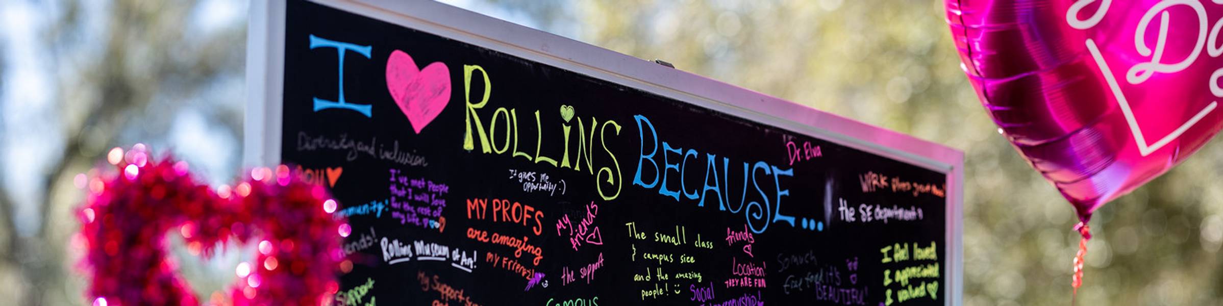 Students writing on a chalkboard outside with the title I Love Rollins Because