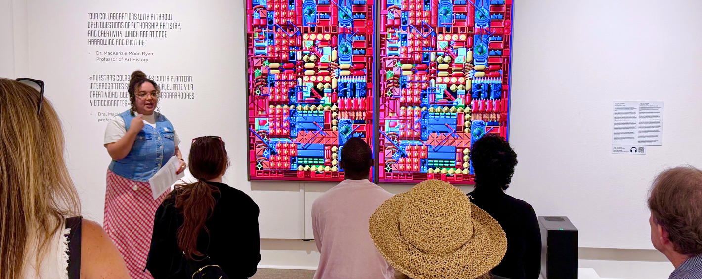 Person guides museum visitors in a gallery with arches and art on the wall