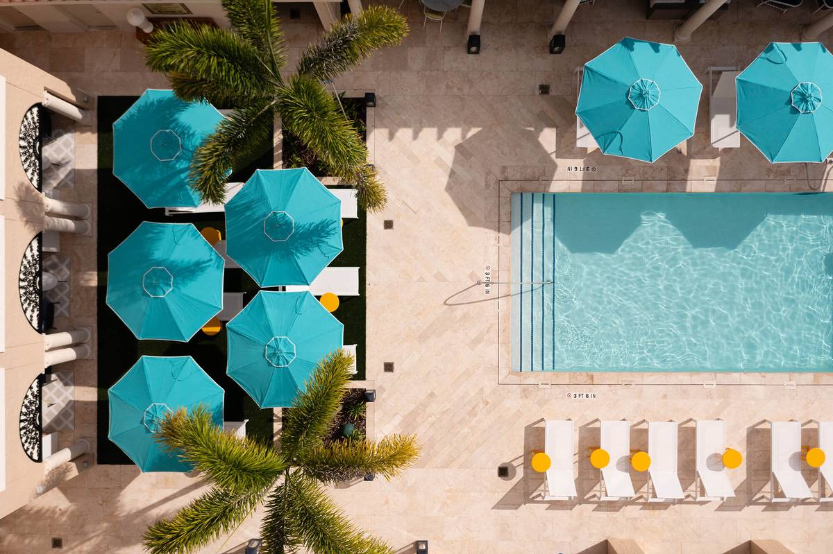 An aerial view of the rooftop pool at The Alfond Inn