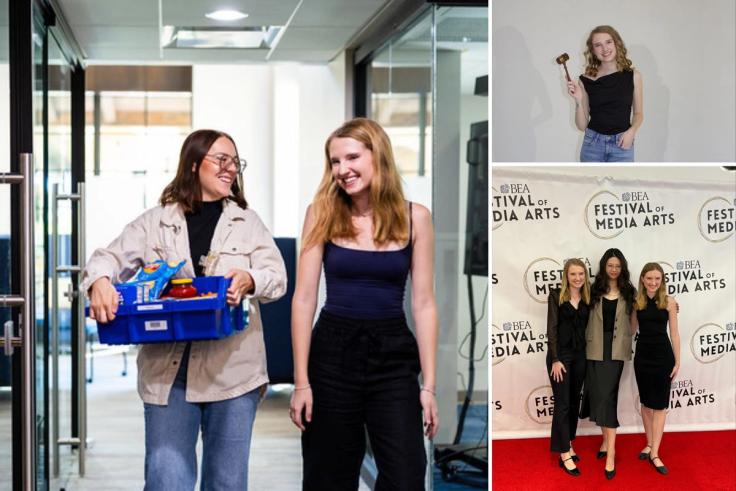 A collage showing two students walking with a crate of snacks, one student holding a gavel, and three students posing on a red carpet at the BEA Festival of Media Arts.