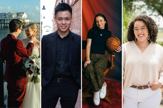 Four photos of Rollins alumni. A bride and groom, a man in a suit, a young woman holding a basketball, and a headshot.