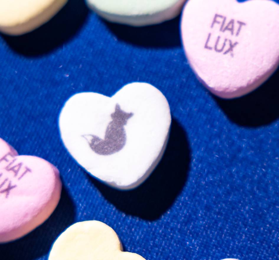 Green candy heart with a fox silhouette on it.