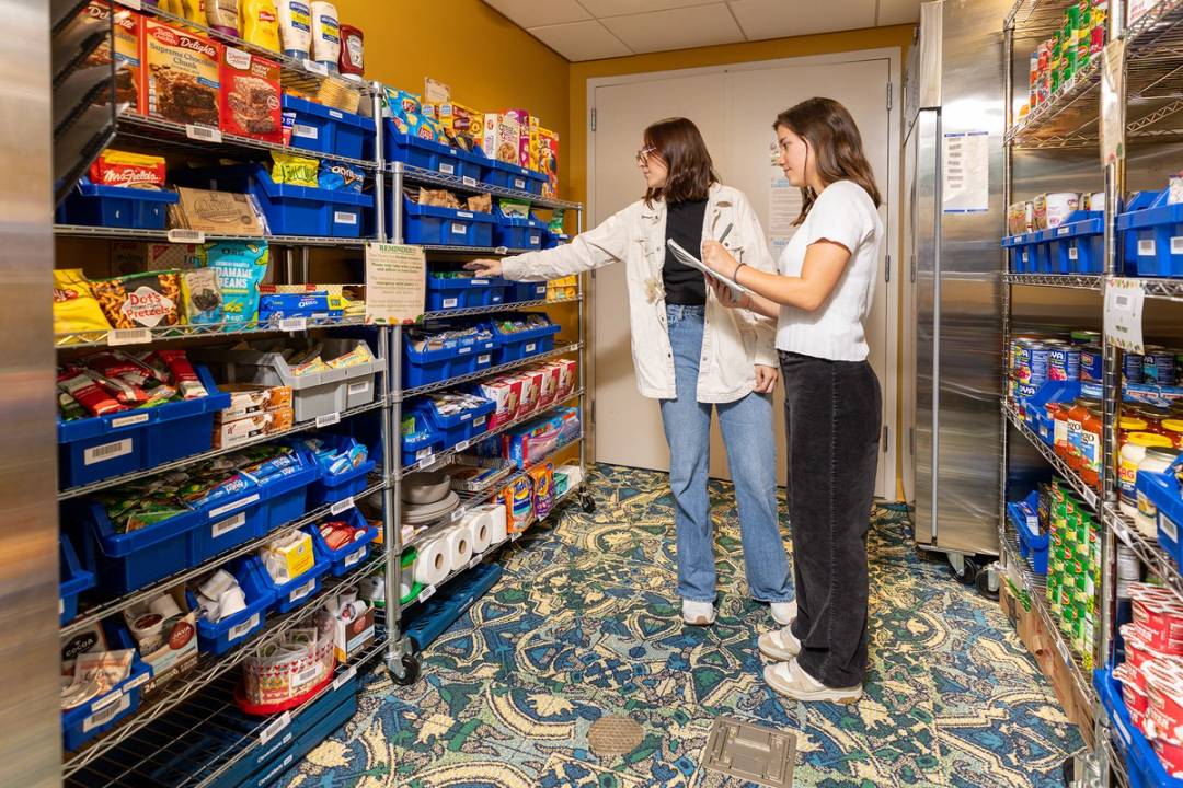Pantry full of dry foods and interview clothes for Rollins students to access.