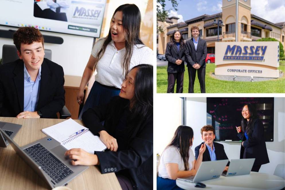 Mei Bao-He ’26, Ryan Bradshaw ’27, and Qian (Nichole) Li ’20 collaborate in meetings and outside Massey Services corporate offices.