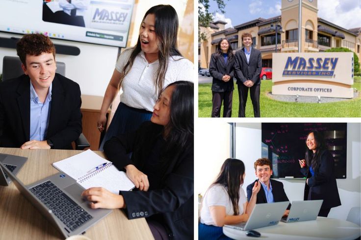 Mei Bao-He ’26, Ryan Bradshaw ’27, and Qian (Nichole) Li ’20 collaborate in meetings and outside Massey Services corporate offices.