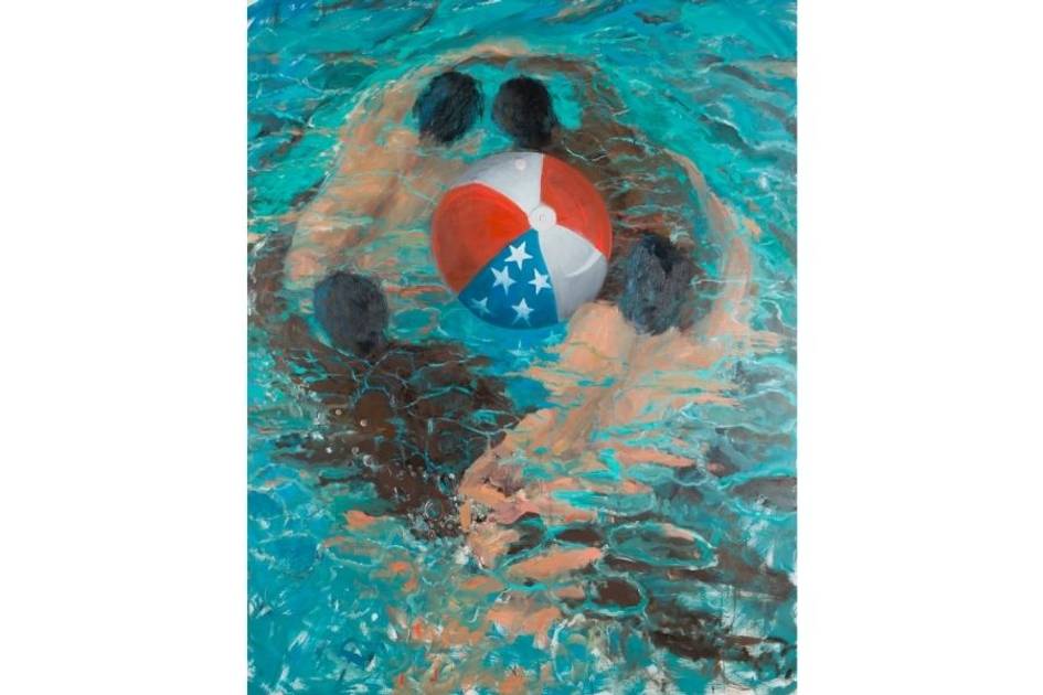 4 men swimming in a pool with an American flag beach ball floating in the middle of them