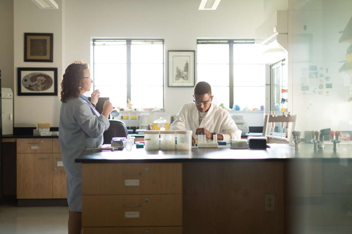 Professor and student collaborate on research in a marine biology lab.