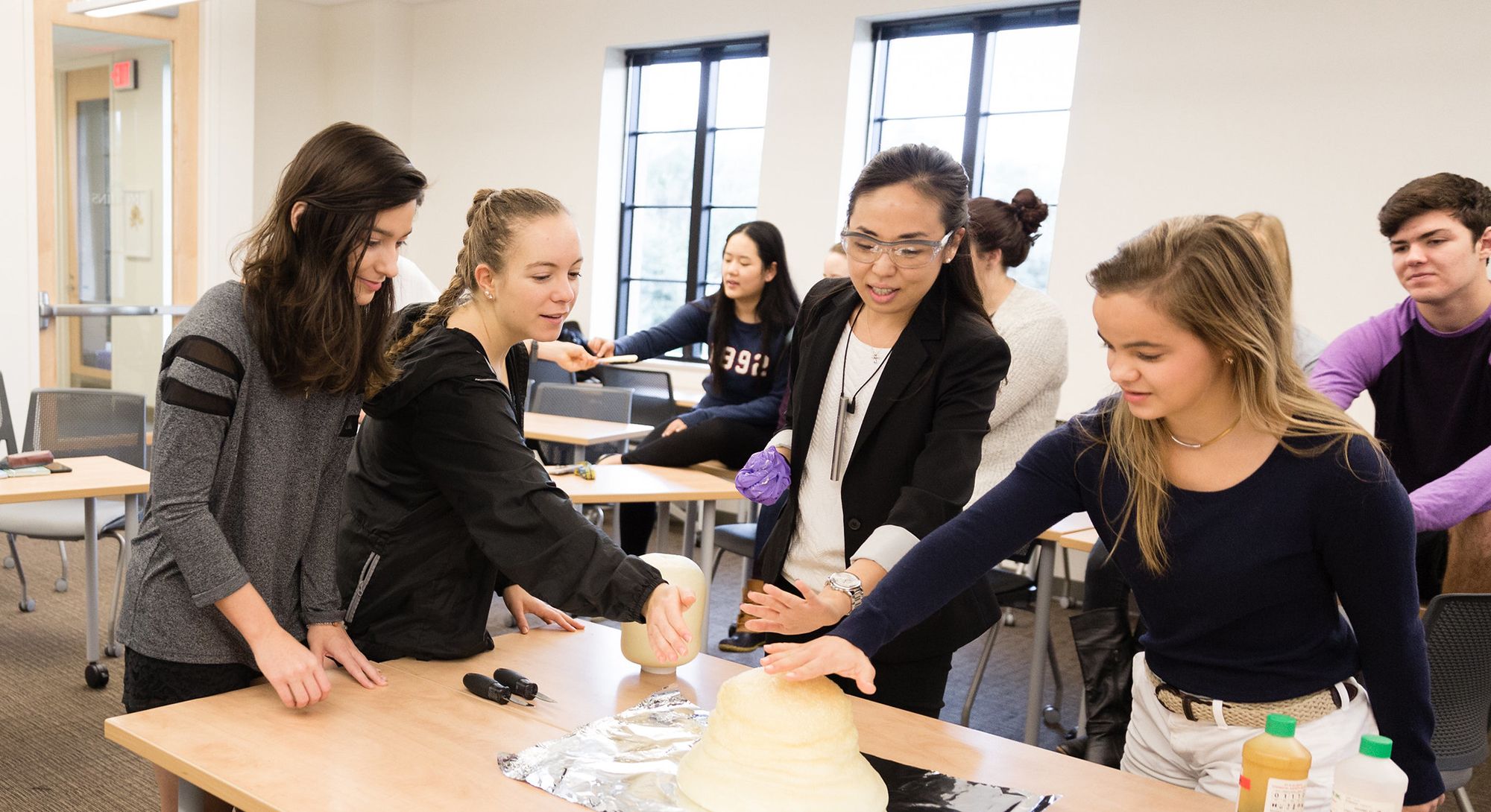 Students and a professor work on a chemistry project.