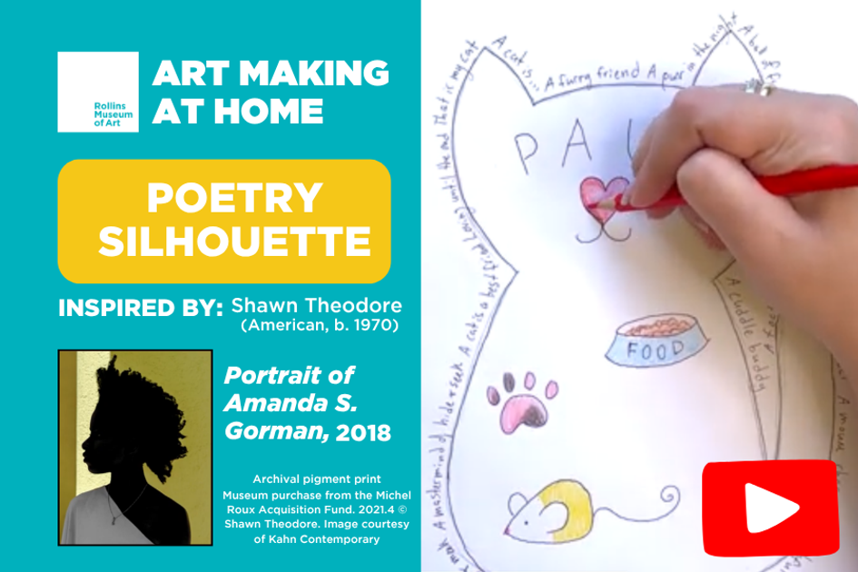 Portrait of Amanda S. Gorman inspires a hand drawn cat constructed of written words