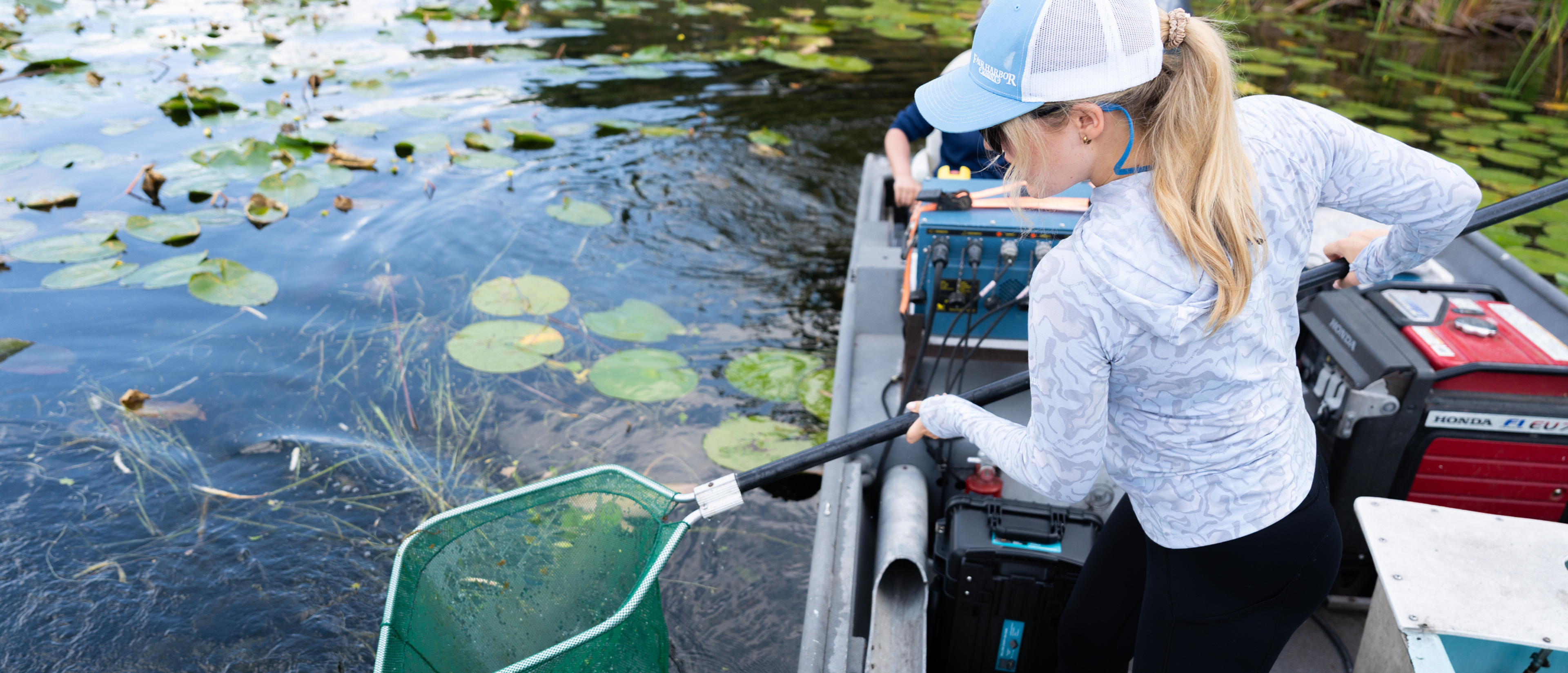 Student on a research boat dips a long-handled net into lily-pad-covered water, with electrofishing equipment and a second person aboard.