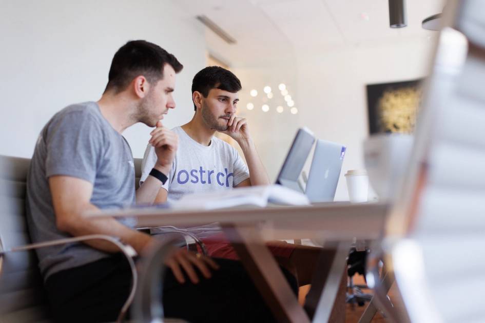 Two colleagues collaborating at laptops in a bright modern office space