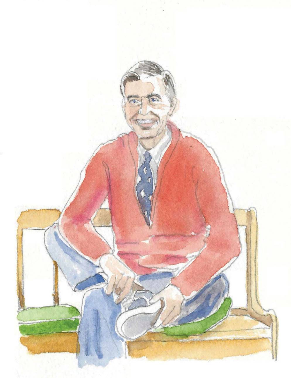 Mister Rogers changes his shoes.