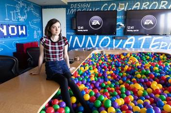 Hannah Holman ’18 pictured in the signature ball pit in the office of Electronic Arts in Orlando.