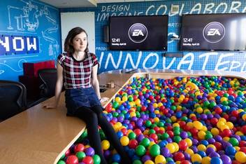 Hannah Holman ’18 pictured in the signature ball pit in the office of Electronic Arts in Orlando.