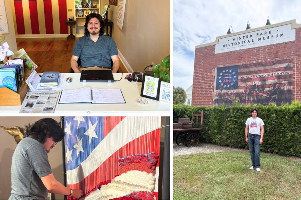 Museum intern Daniel Hernandez ’26 welcomes visitors, restores exhibit, and stands outside museum.