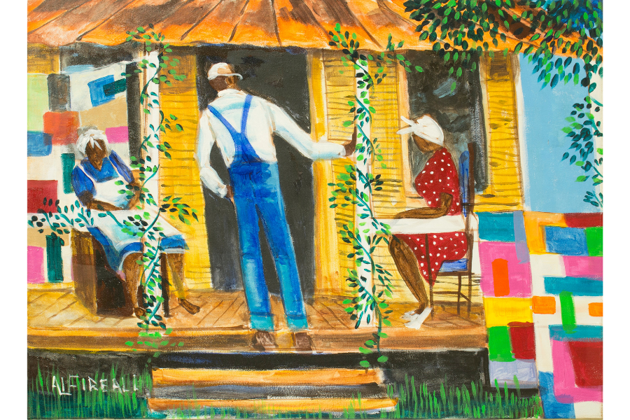 A painting of the front of a yellow house with two white columns on the porch wiht vines growing on them. A man in overalls walks up the stairs while two women sit on the porch