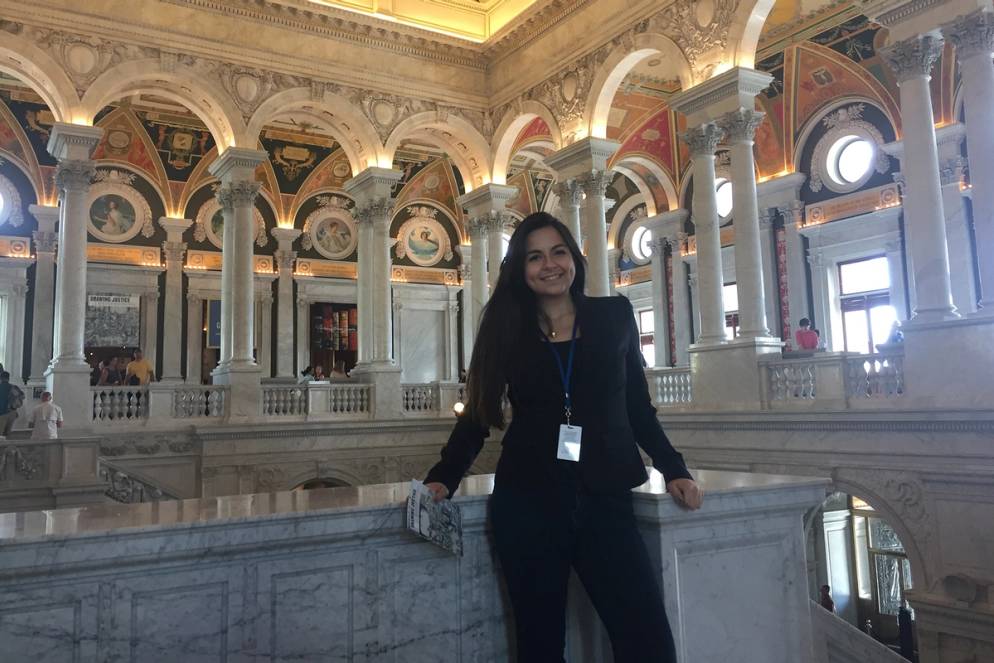 A student poses during a Washington DC internship.