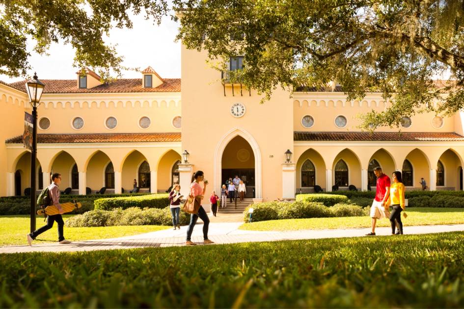 Students walking across the campus. 