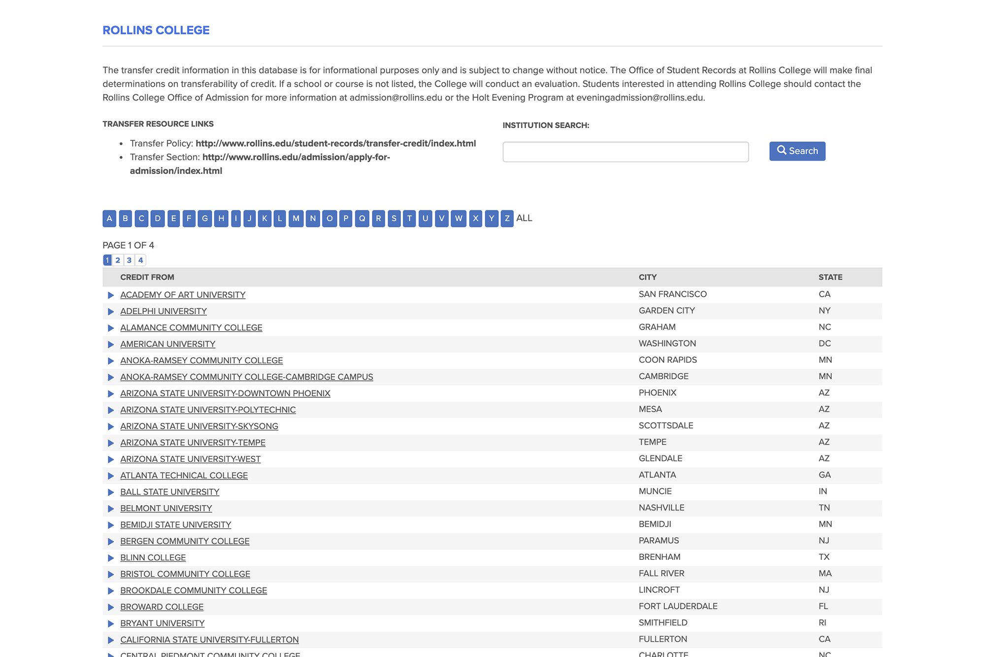 A screen grab of the transfer credit database.