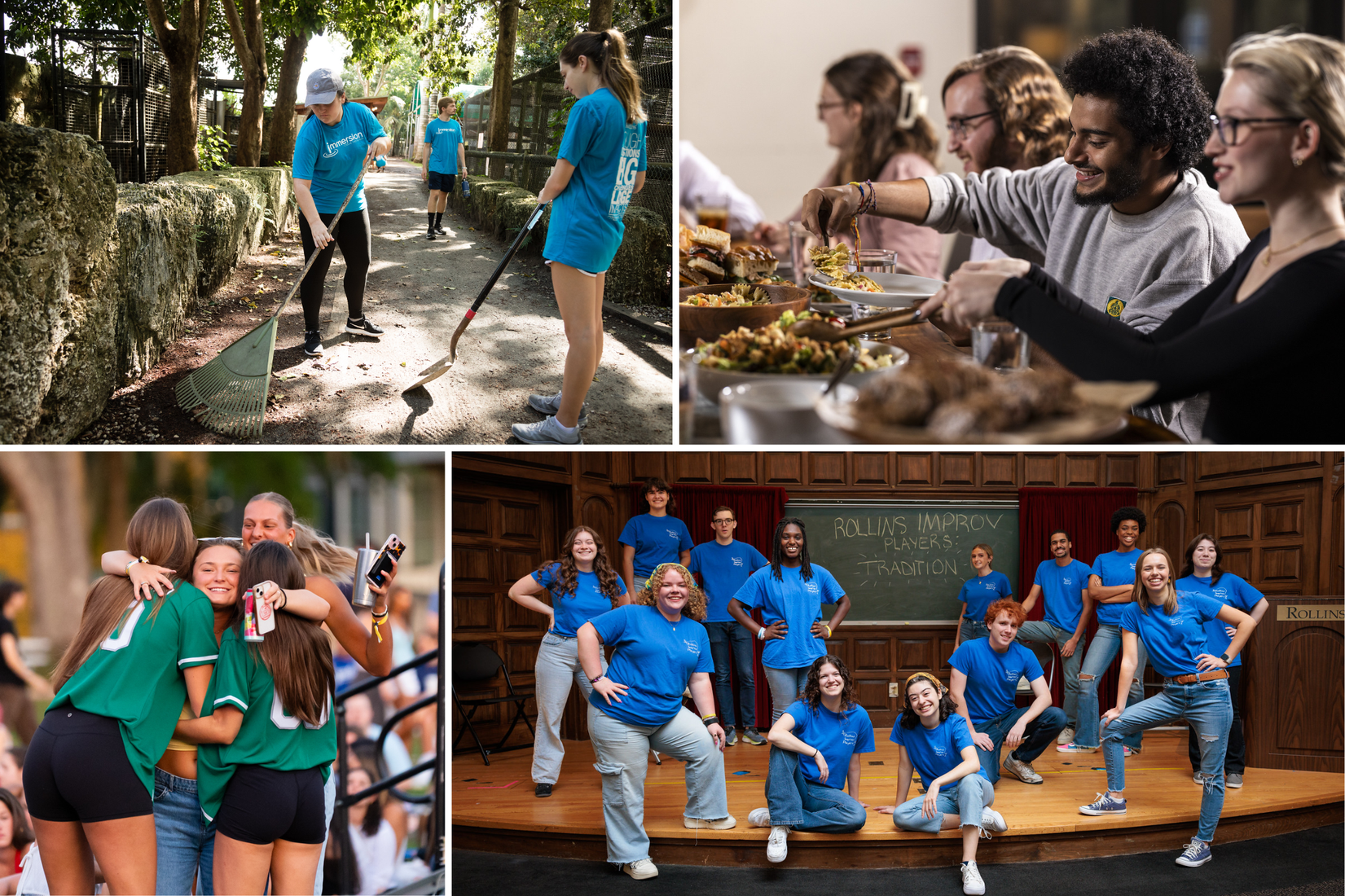 A collage of various different Rollins student groups and organizations, including Breaking Bread, Rollins Improv, and Immersion.