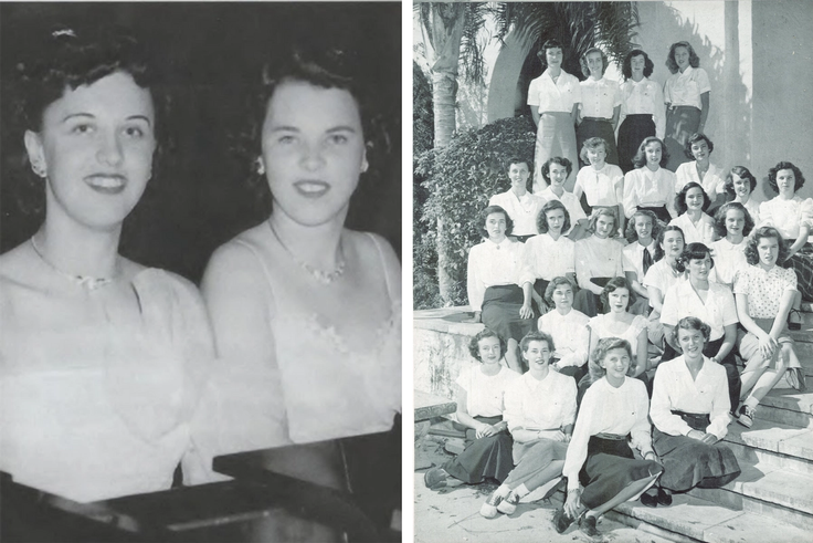 From left: Joanne Rogers ’50 ’05H pictured with classmate and duet partner Jeannine Morrison ’51; Joanne (third row from top, far right) and her fellow Phi Mu sorority sisters.