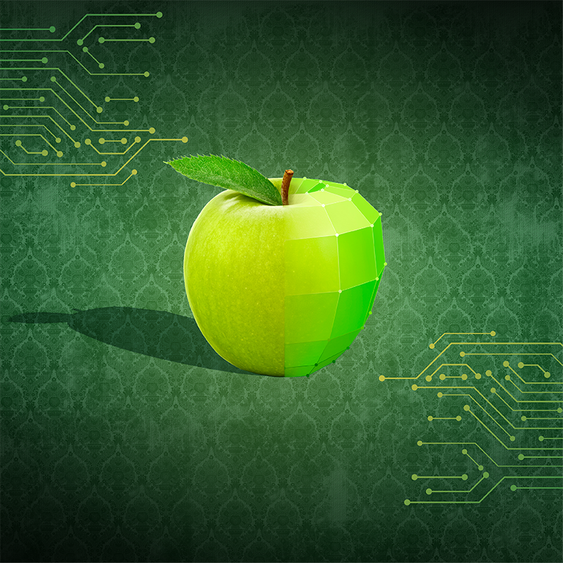 Half real, half digital green apple symbolizing technology and nature integration