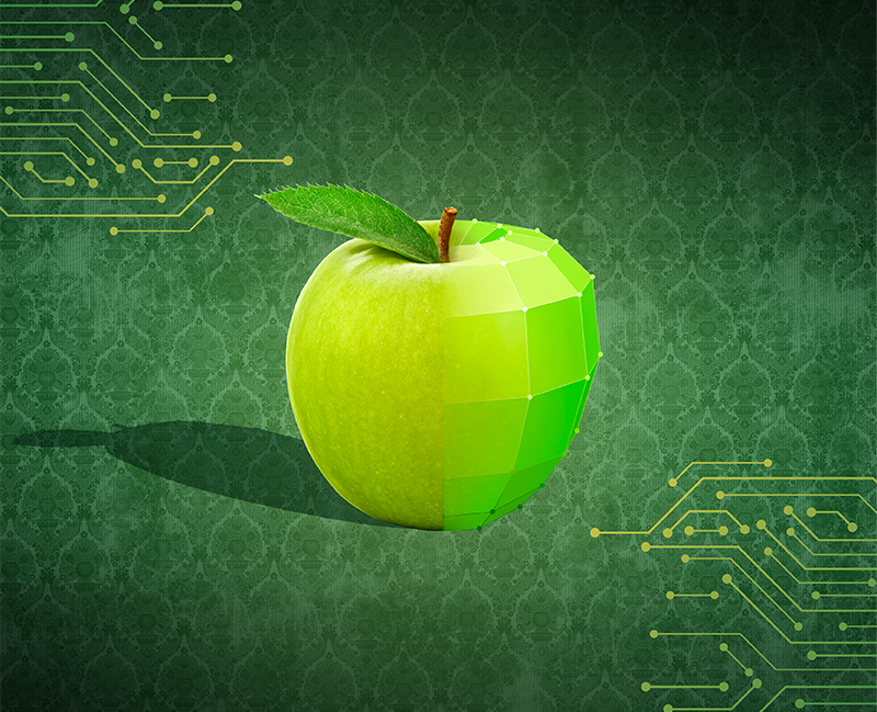 Half real, half digital green apple symbolizing technology and nature integration