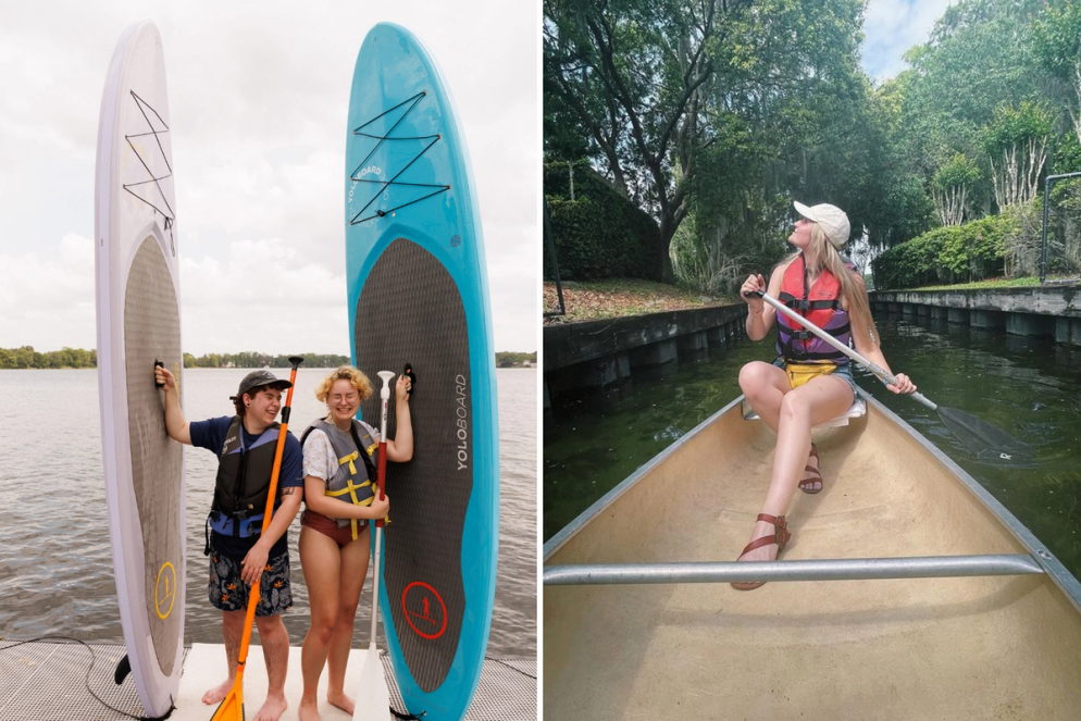 Students paddleboarding and canoeing on Lake Virginia on Fox Day.