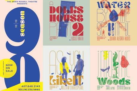 Posters for A Dolls House Part 2, Water by the Spoonful, As You Like It, and Into the Woods.