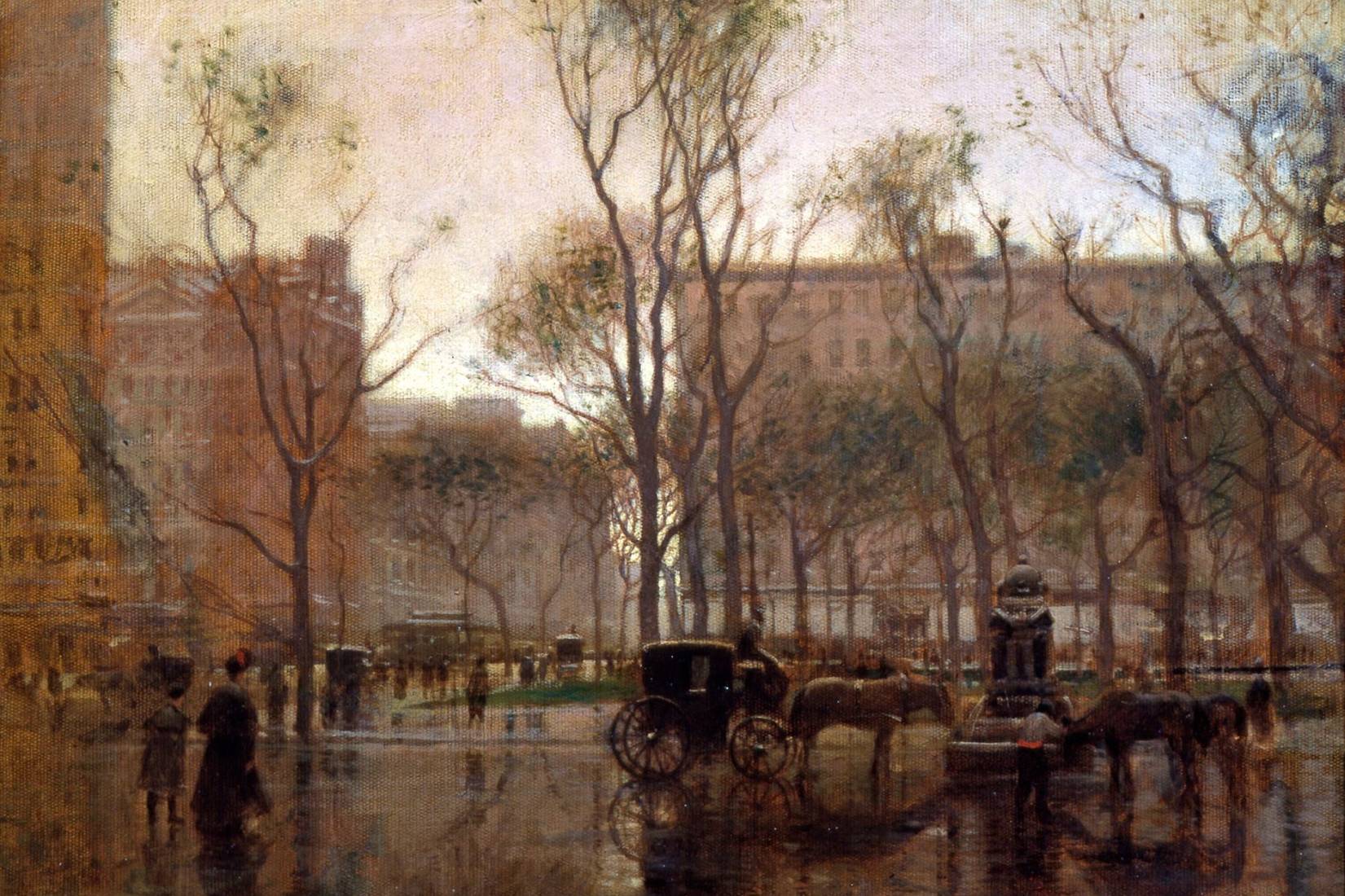 Painting of horse-drawn carriages in a rainy urban park
