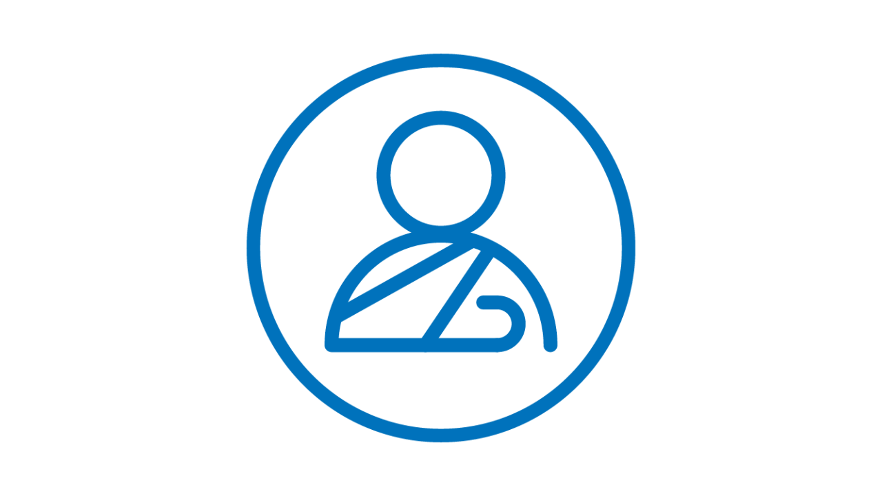 A white and blue icon with a silhouette of a person with a sling.