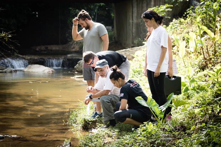 Chemistry professor Pedro Bernal and his students examine a shallow creek in the Dominican Republic.