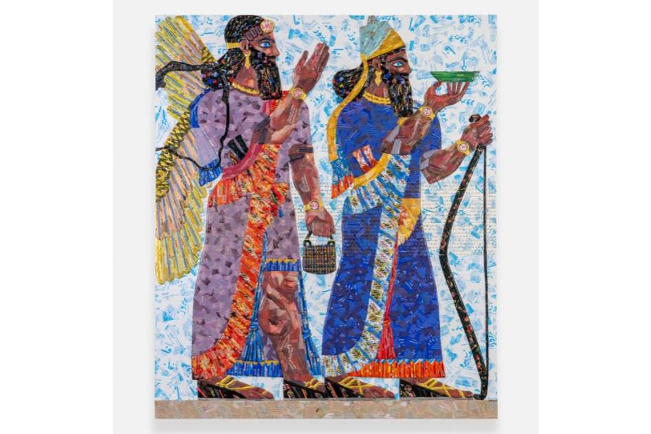 artwork of two people laying on a yellow mat with shades of blue above them