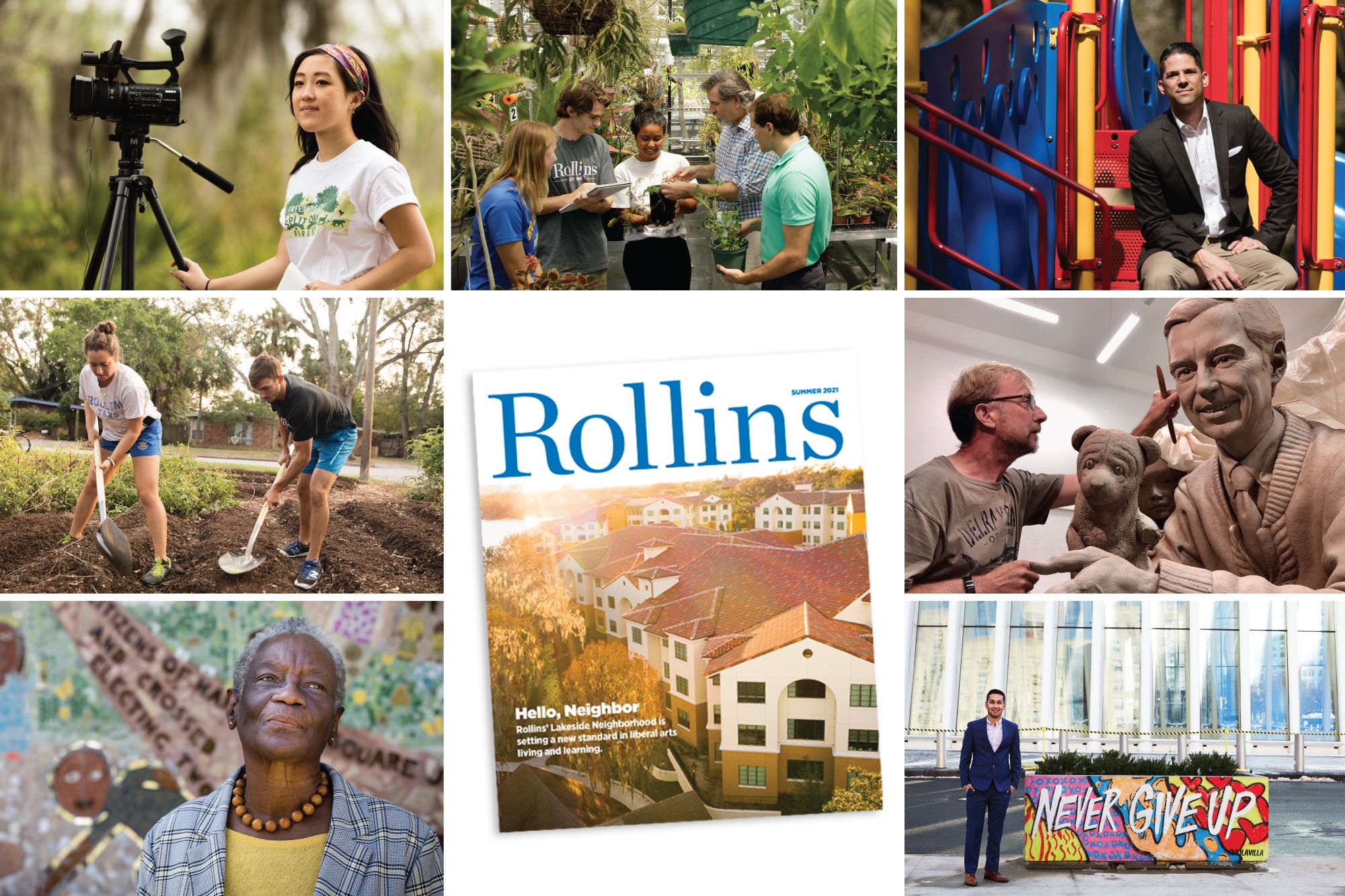 A grid of images from the summer 2021 issue of Rollins magazine, including the cover depicting Lakeside Neighborhood.