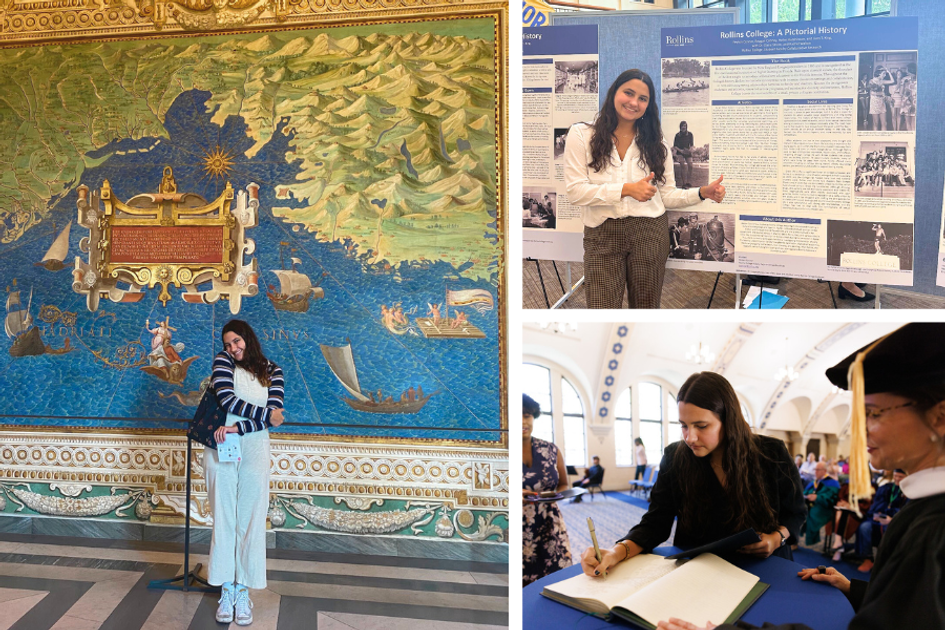 Rollins Fulbright student collage study abroad, presenting research, and joining Phi Beta Kappa