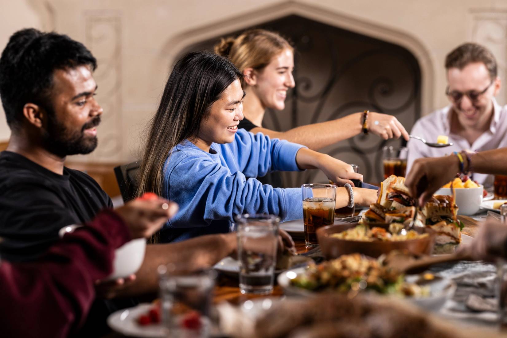 Students sharing a meal. 