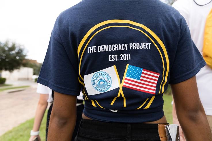 A student sporting a Democracy Project T-shirt on a walk to the polls to vote in the 2020 presidential election.