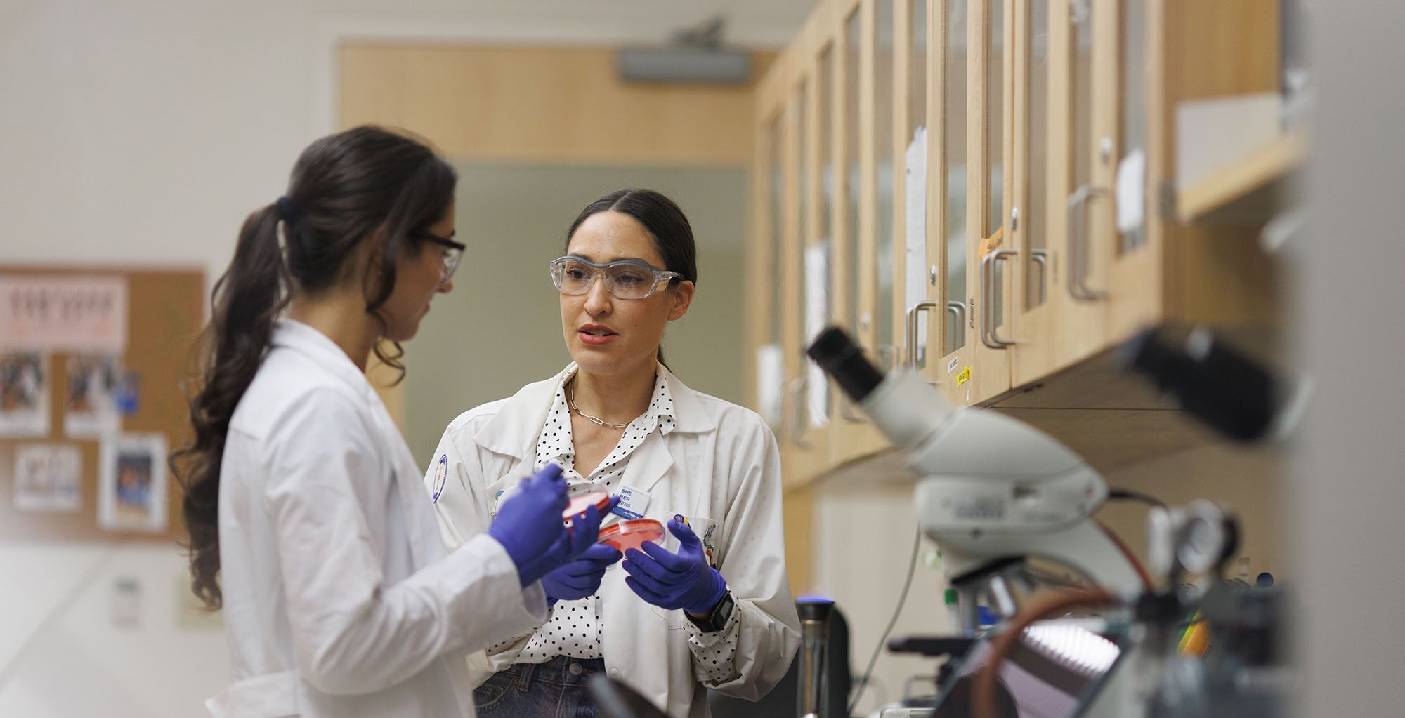 A Rollins professor and student talking together in a lab over microscopes.