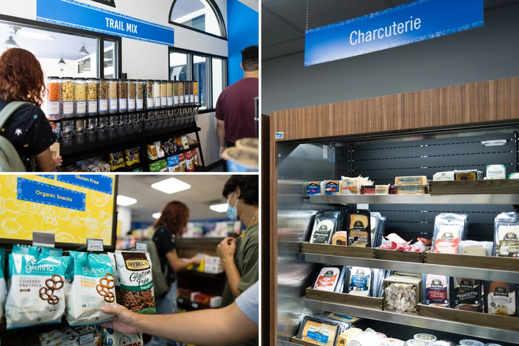 Special offerings include a trail mix station, lots of gluten-free and allergen friendly snacks, and a diy charcuterie section.