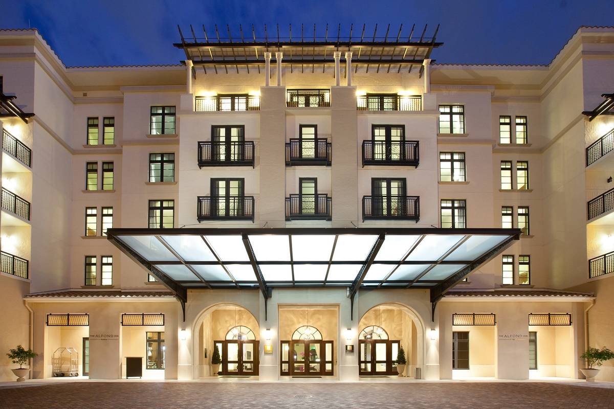 The front of The Alfond Inn shot in the evening.