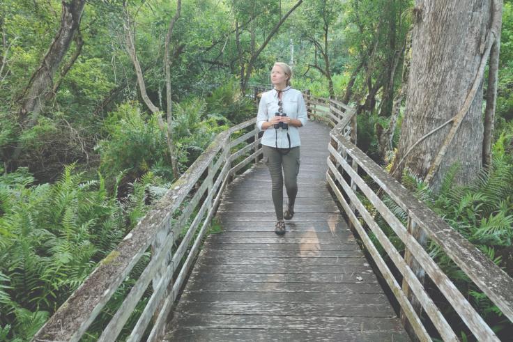 Tori Linder ’14 walks on a wooden pathway through a forest.