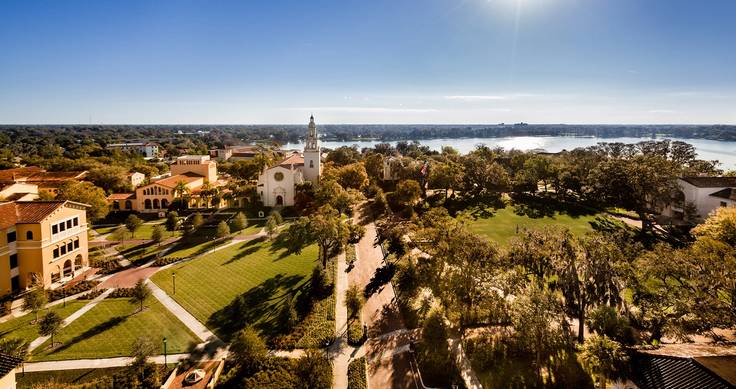 Aerial view of Rollins College campus, which is regularly named one of America’s most beautiful college campuses.