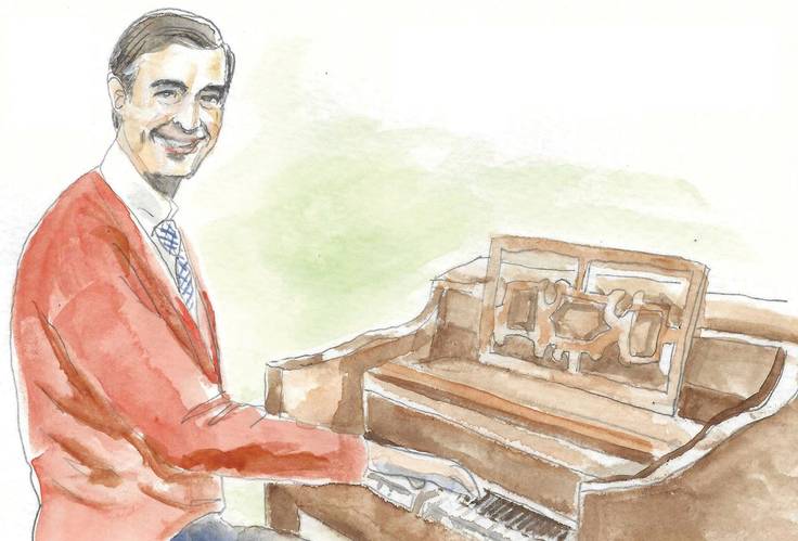 An illustration of Mister Rogers playing the piano.